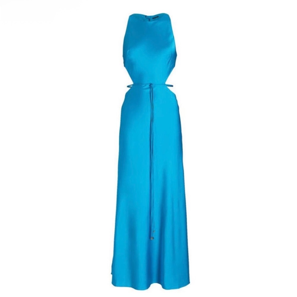 Alexis Slip Dress Lune Cut Out Maxi Midi Satin Blue Turquoise Wedding Guest Gala